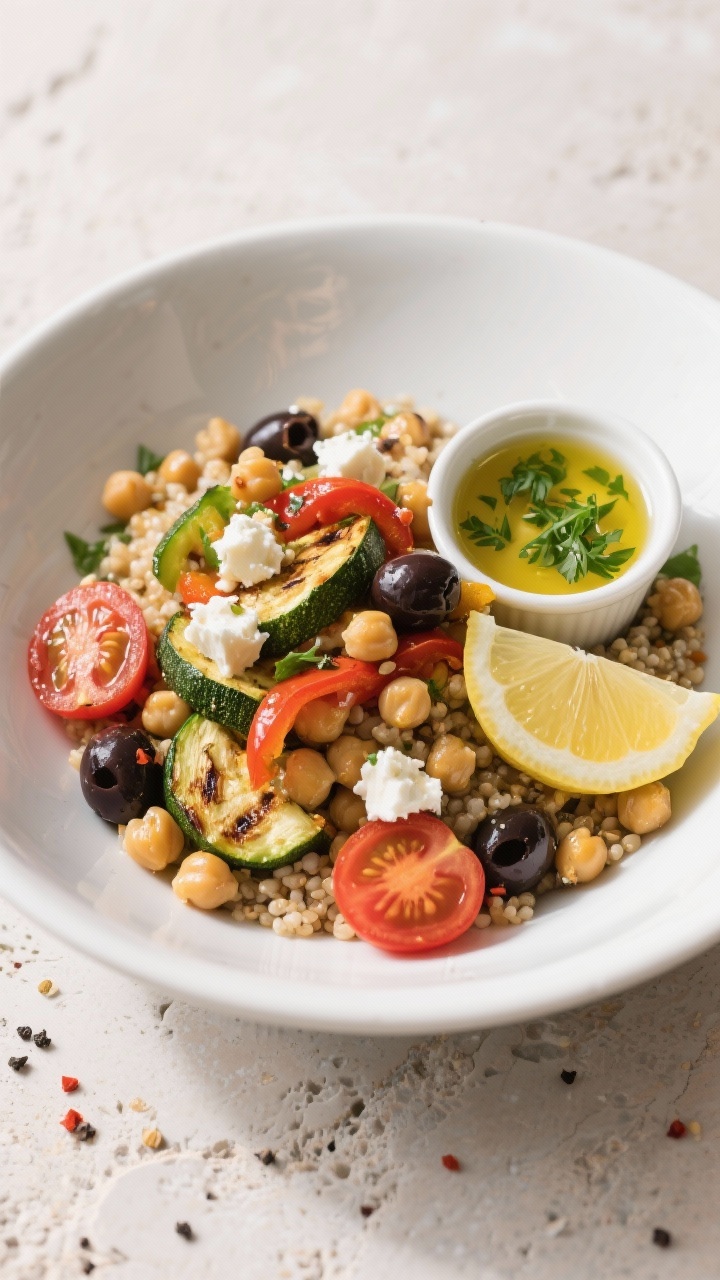 Final dish, Mediterranean Chickpea Bowl: Beautifully plated quinoa bowl topped with roasted zucchini