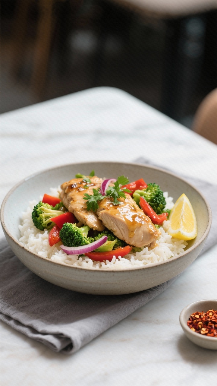 Final dish – Plated dinner bowl: Beautifully plated chicken and veggie skillet over fluffy white r