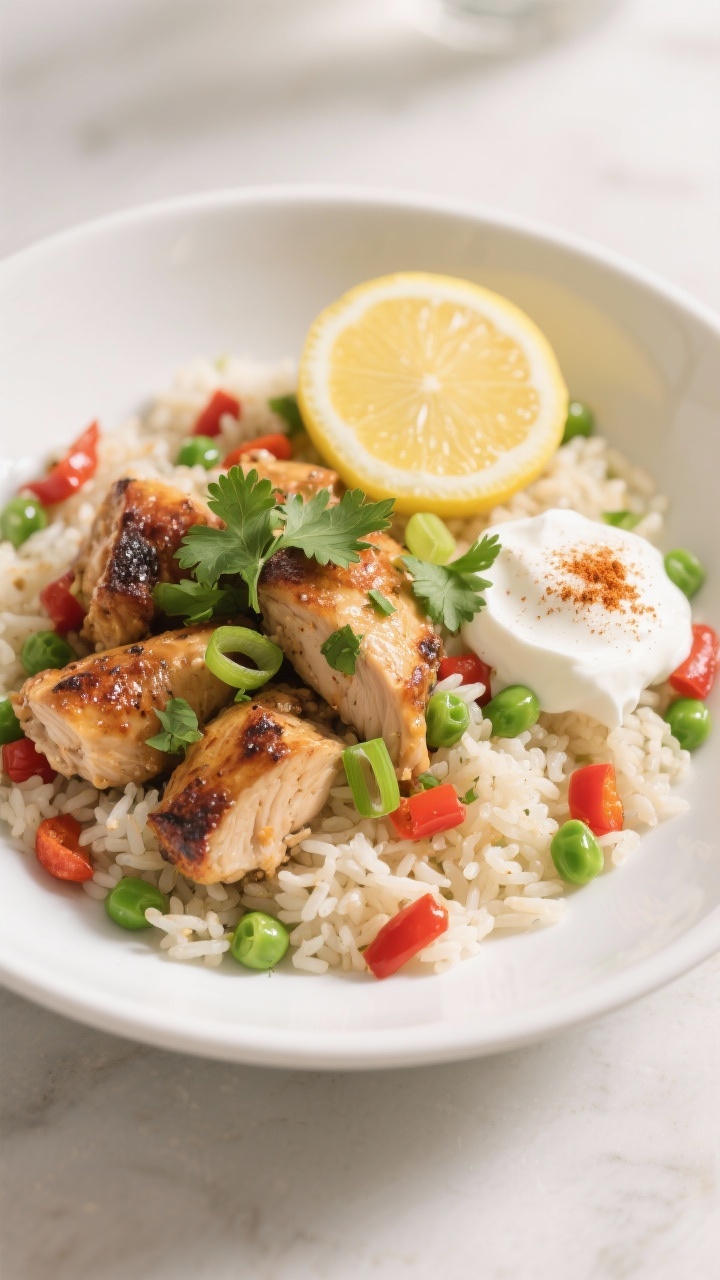 Final dish, plated presentation: Beautifully plated one-pot smoky chicken and rice in a wide, shallo