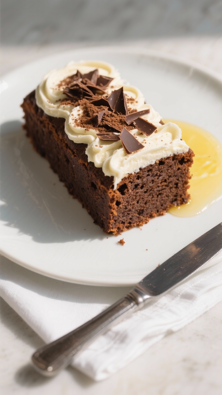 Final dish presentation: Beautifully plated chocolate loaf cake slice with glossy quick vanilla butt