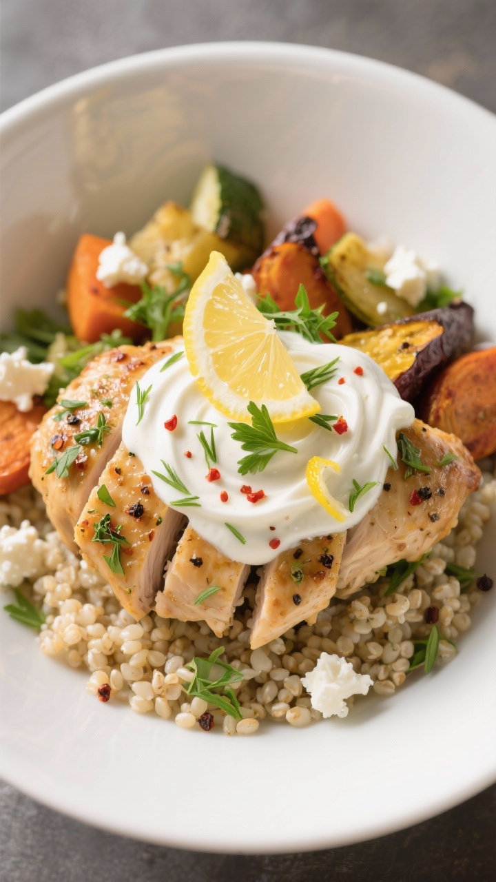 Final dish presentation: Beautifully plated lemon-garlic herb chicken with roasted veggies arranged 