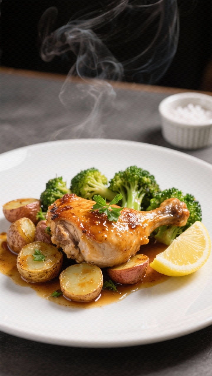 Final dish presentation: Beautifully plated serving of one-pan chicken—one crispy chicken thigh, f