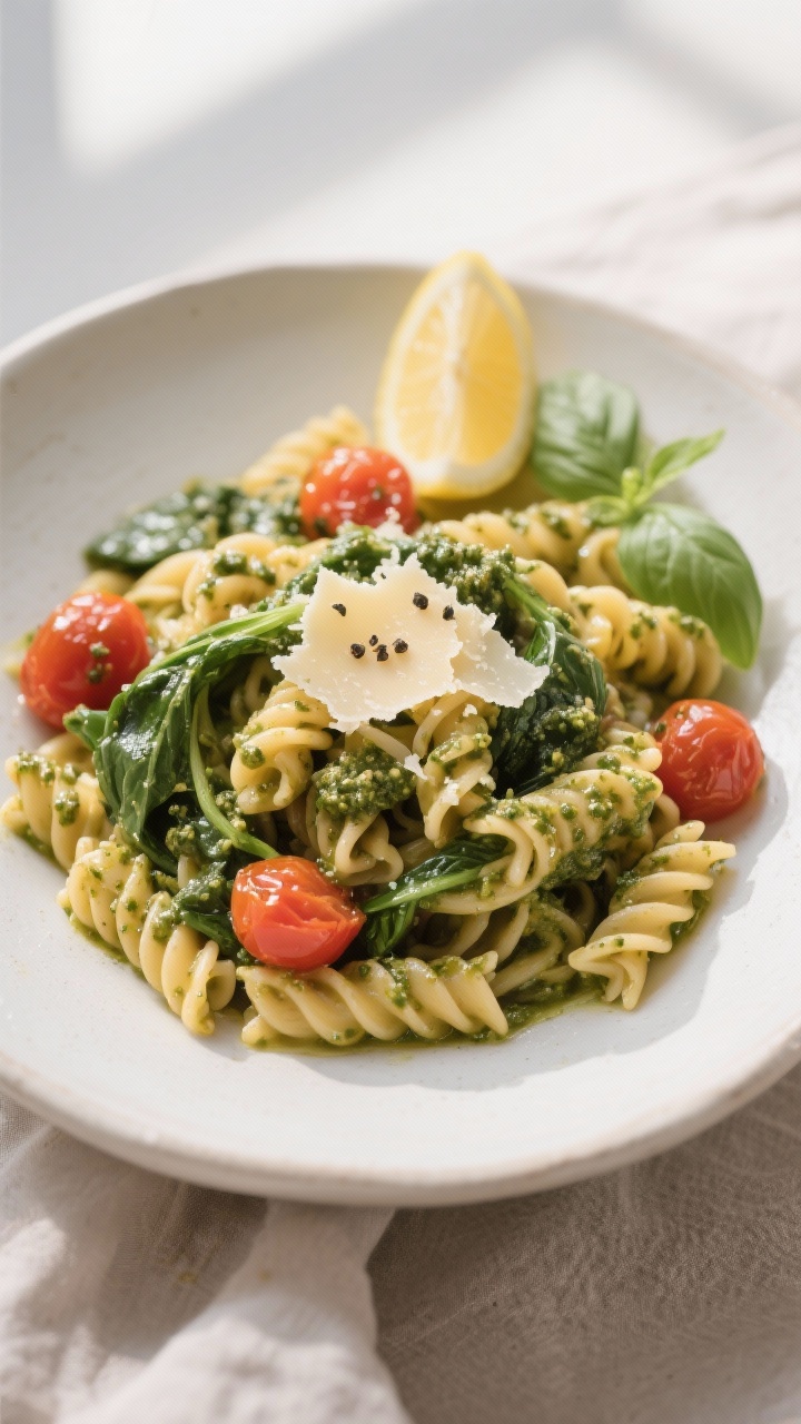 Final dish presentation: One-Pot Pasta plated beautifully—short pasta tangled with burst cherry to