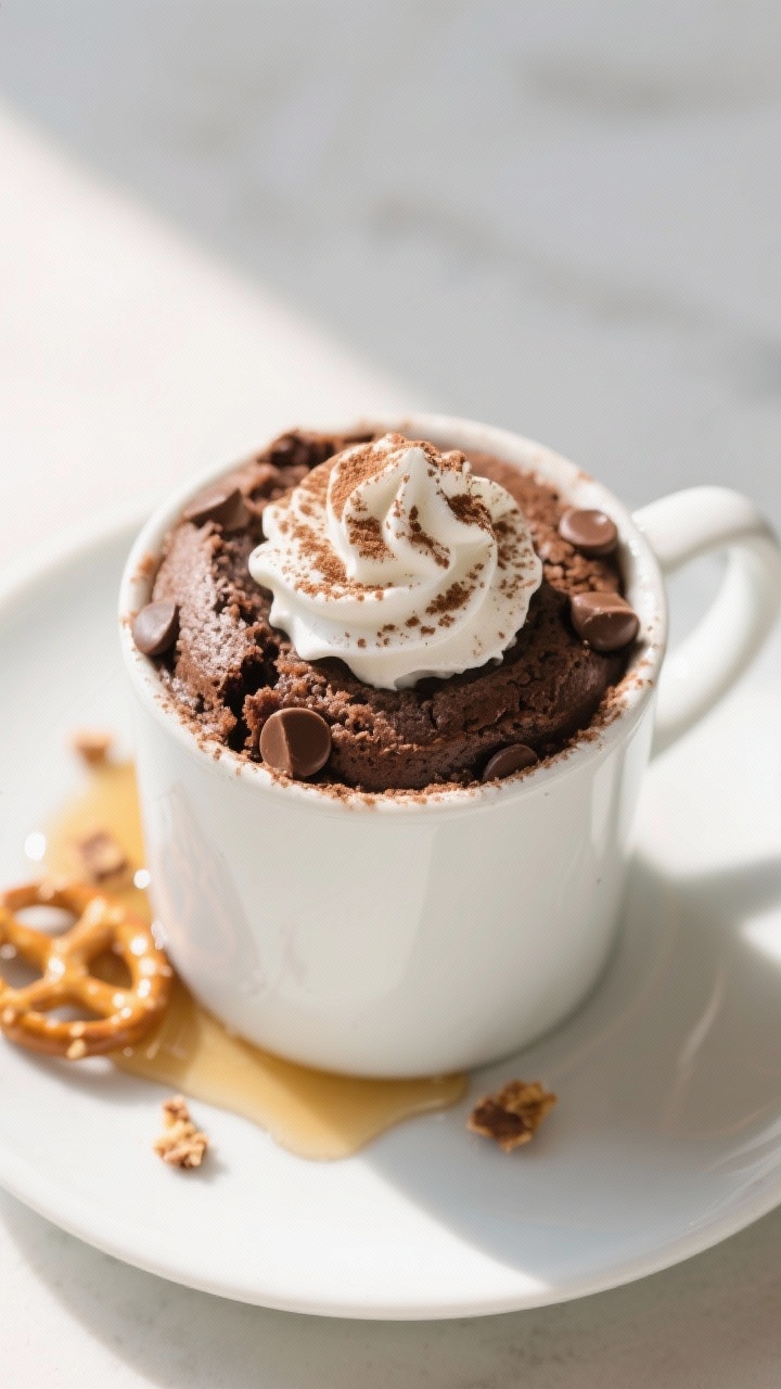Final dish presentation: Overhead shot of warm chocolate mug cake just microwaved, cracked top expos