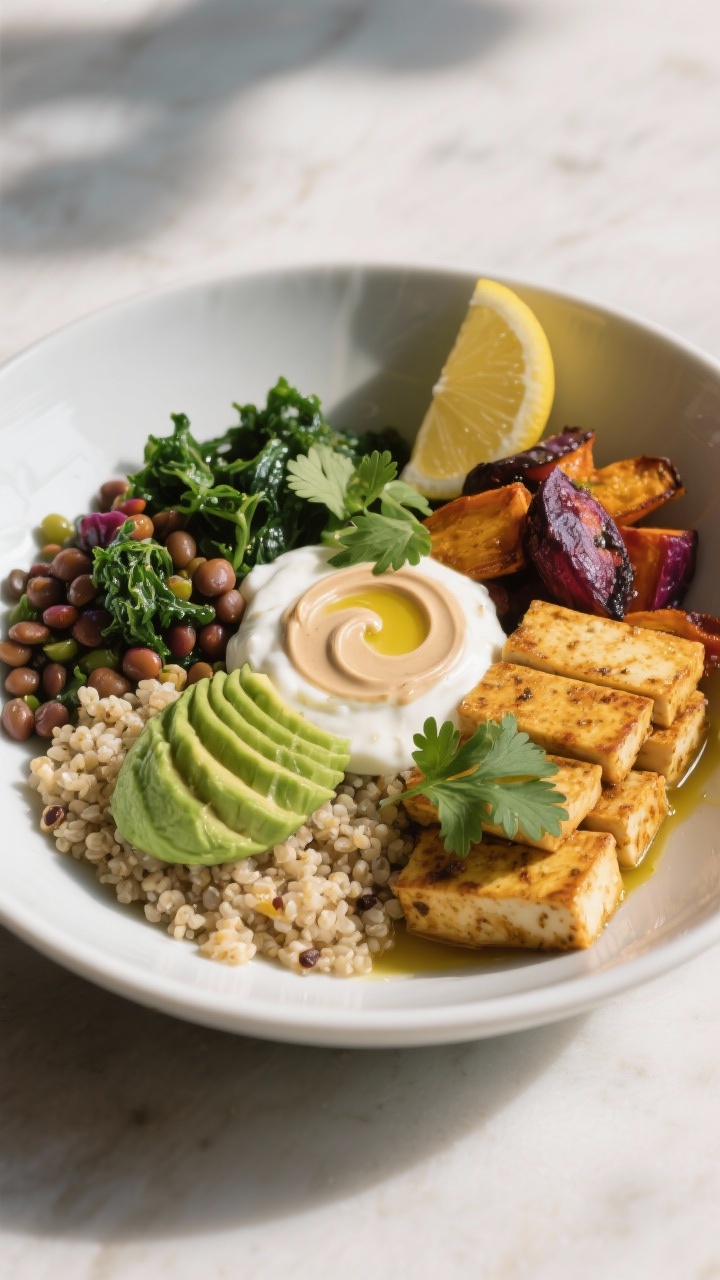 Final dish presentation: Restaurant-quality plated bowl with neat quadrants—quinoa, lentils with k