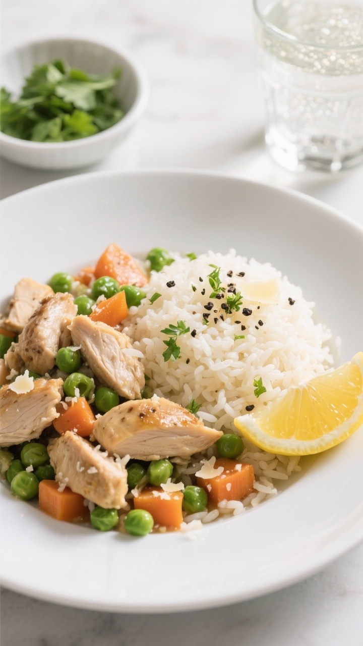 Final dish presentation: Restaurant-quality plated chicken and rice one-pot dinner in a wide, shallo