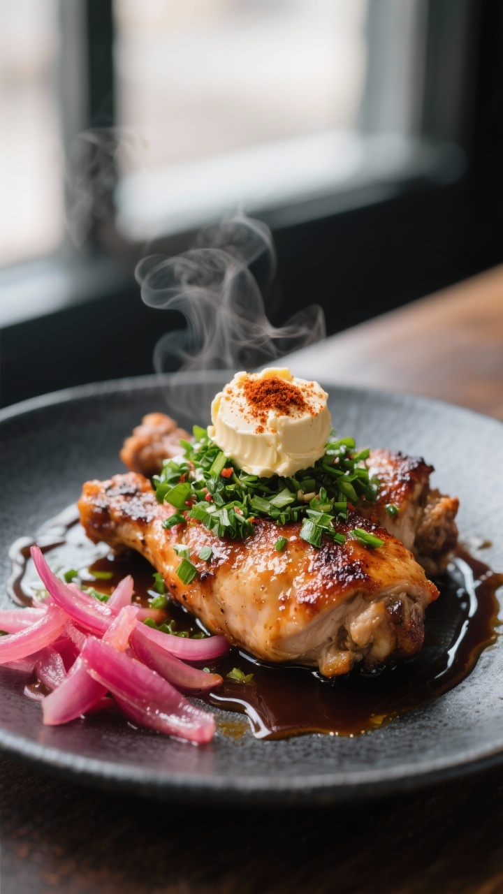 Final dish presentation: Seared chicken thighs deglazed and sauced with a pan reduction (balsamic an