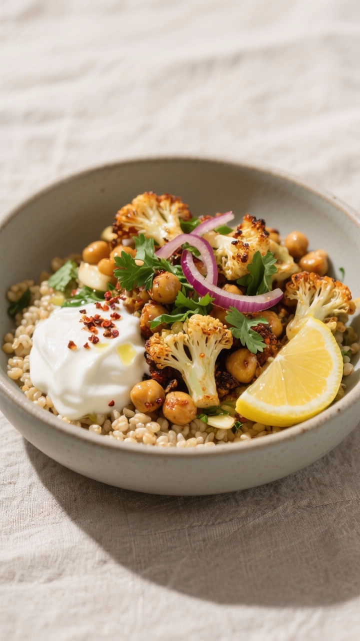Final plated dish, : Beautifully plated Veggie and Chickpea Shawarma bowl: roasted cauliflower flore