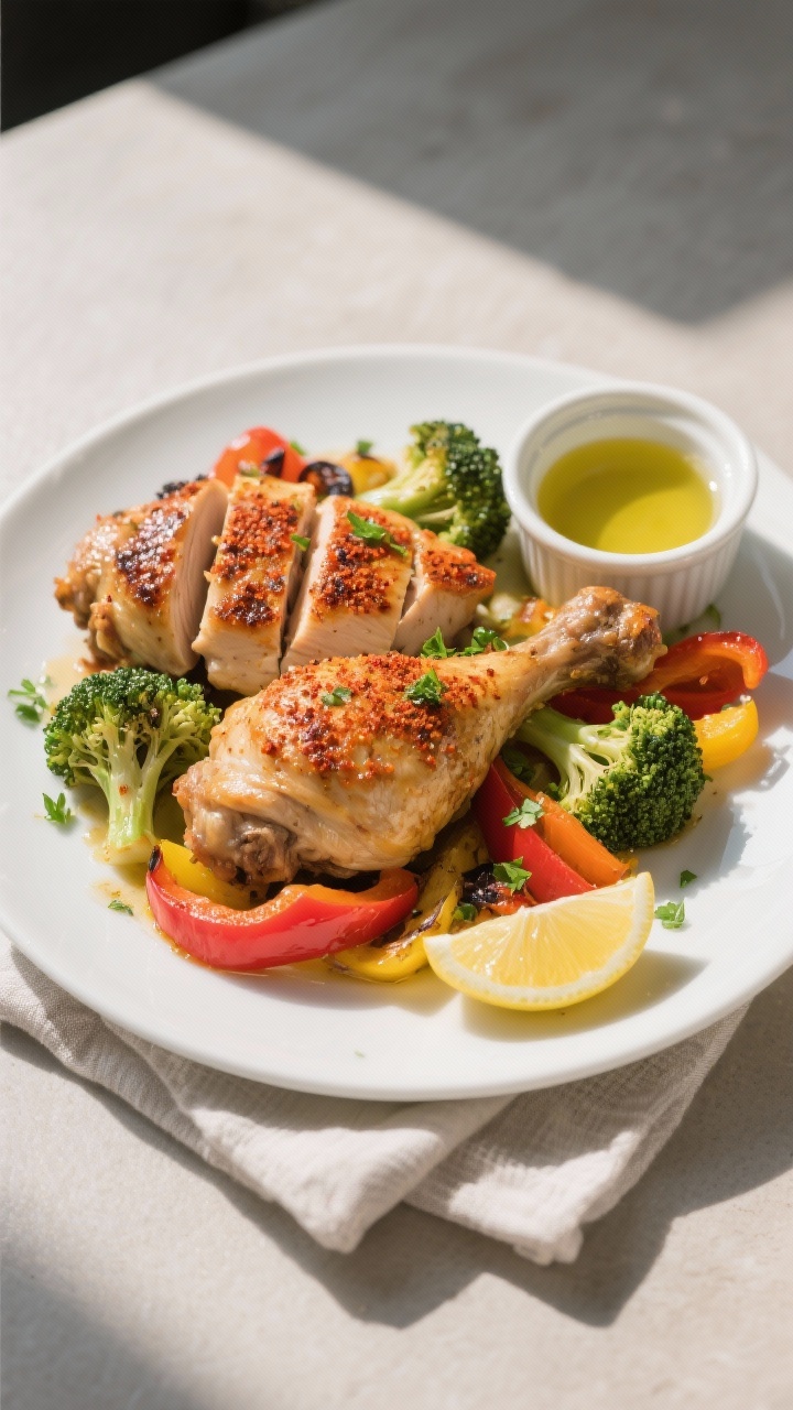 Final plated dish — Chicken and vegetable bake: Beautifully plated roasted chicken thighs and brea