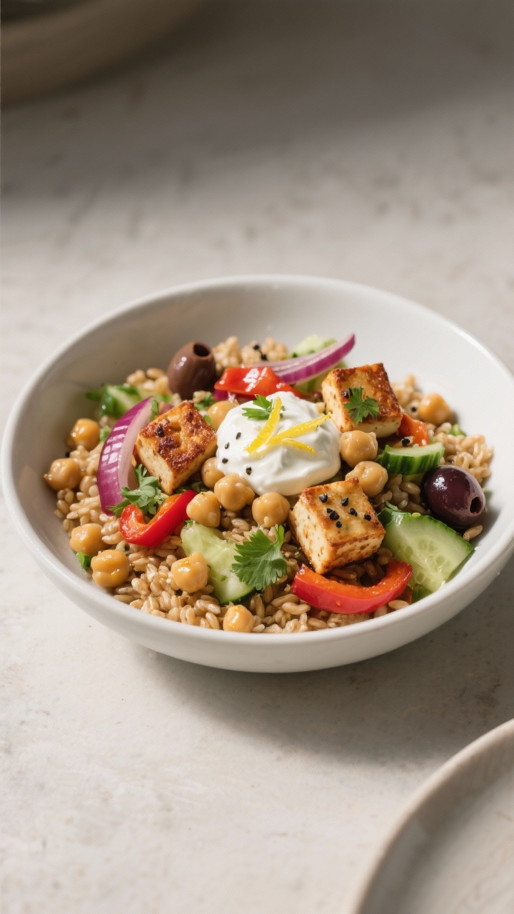 Final plated dish: Mediterranean bowl presentation featuring marinated chickpeas and crispy tofu cub