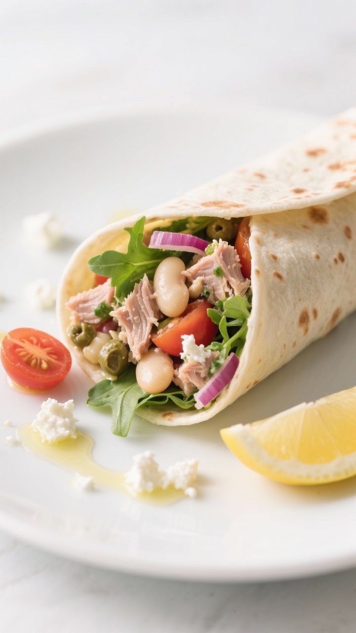 Final plated dish: No-cook bean and tuna salad wrap sliced on the bias and arranged on a simple whit