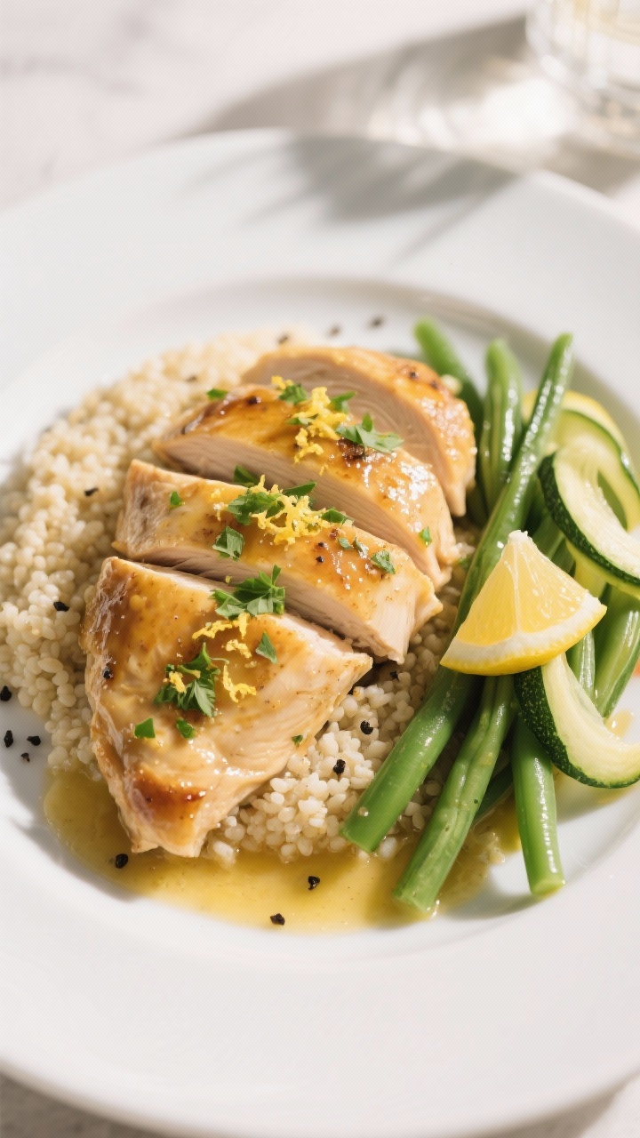Final plated dish — Restaurant-quality presentation: Sliced, juicy chicken cutlets glazed in a sil