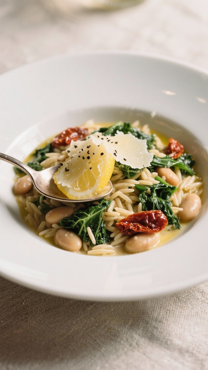 Final plated dish, restaurant-style: Creamy Tuscan-style one-pot with orzo, kale ribbons, sun-dried 