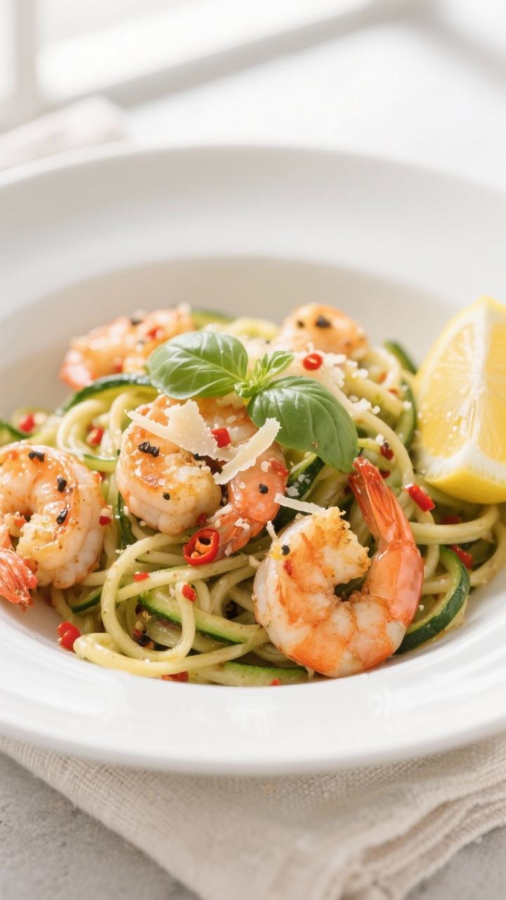 Final plated dish — Shrimp and zucchini noodles: Beautifully plated chili-garlic shrimp tossed wit