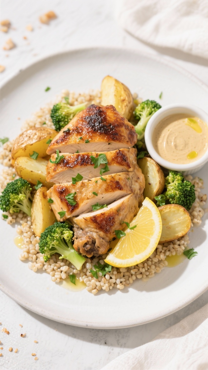 Final plated Lemon Herb Chicken and Veg: beautifully arranged slices of roasted chicken thighs with 