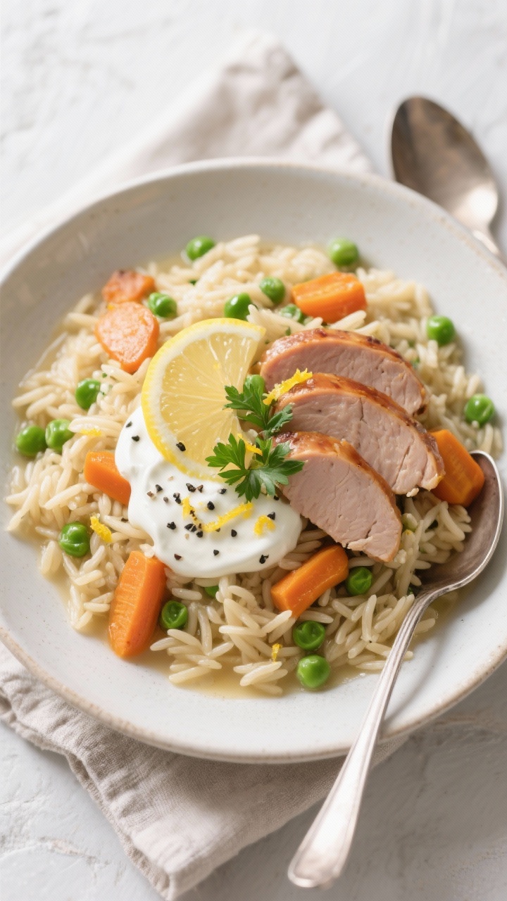 Final plated one-pot orzo with vegetables and chicken: beautifully plated shallow bowl of creamy orz