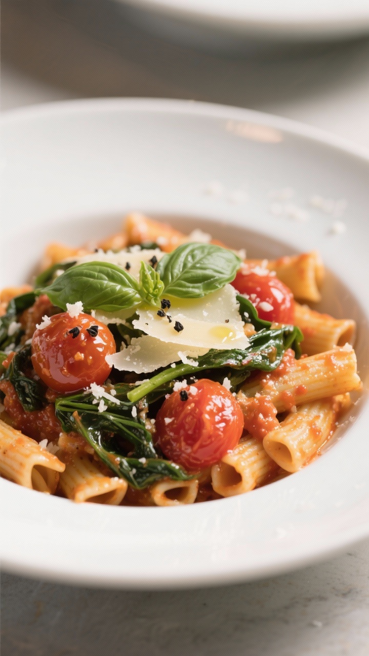 Final plated, one-pot pasta: Beautifully plated One-Pot Tomato Basil Pasta in a wide white bowl—al