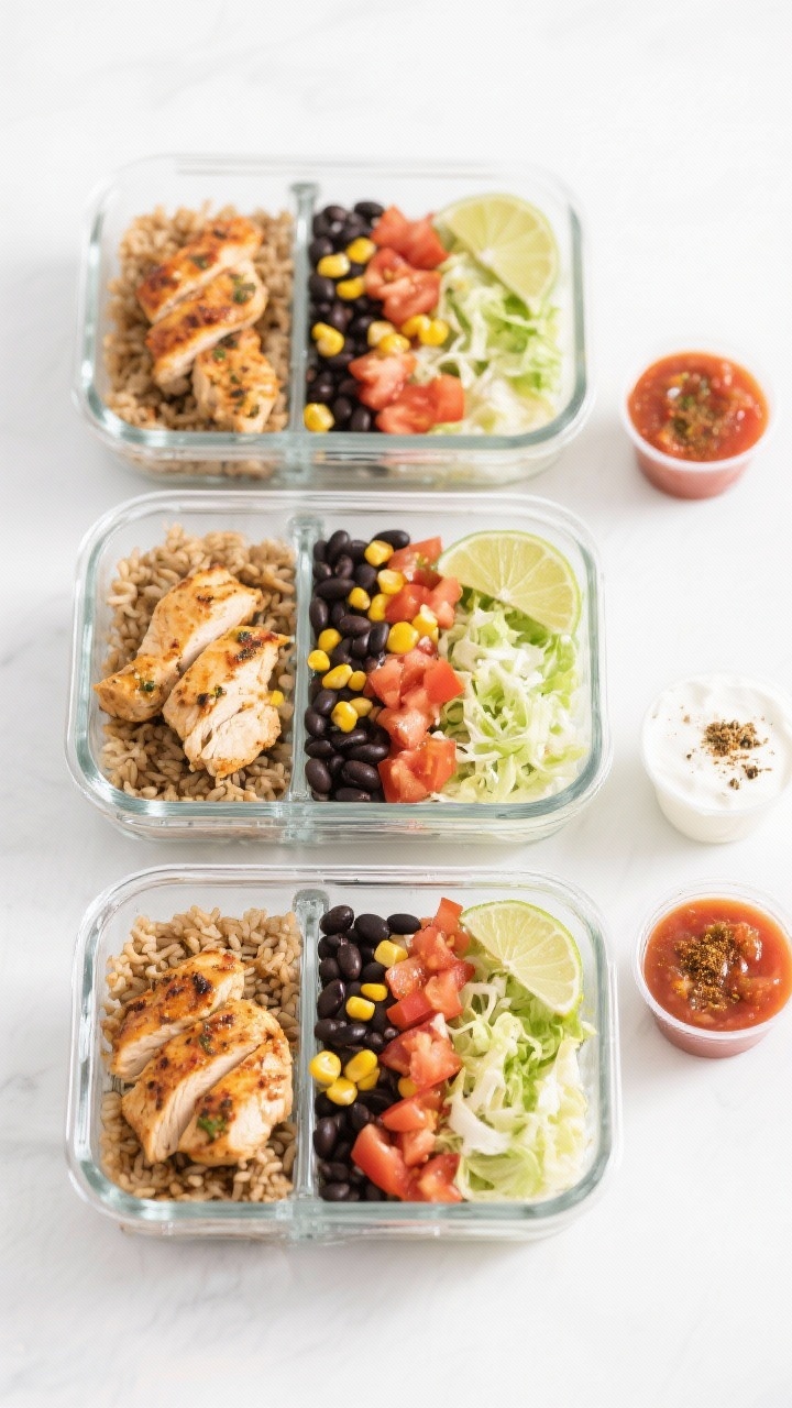 Overhead meal-prep variety, Southwest Chicken Rice Bowls: Tasty of four glass meal-prep containers n