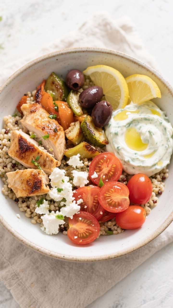 Overhead, Mediterranean grain bowl top view: Tasty top-down shot of a Mediterranean grain bowl—qui