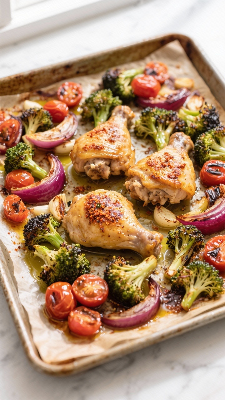 Overhead shot of a roasted sheet pan dinner just out of the oven: golden chicken thighs with crisped