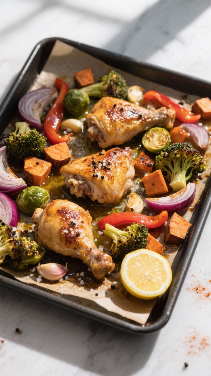 Overhead shot of a sheet pan mid-roast at 425°F: golden chicken thighs nestled among caramelized Br