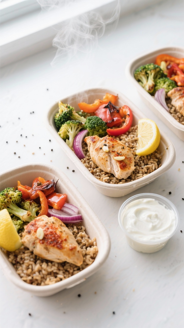 Overhead shot of assembled chicken grain bowls: neat meal-prep containers filled with fluffy brown r