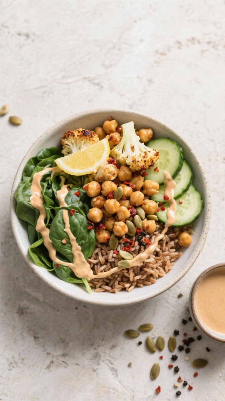 Overhead “tasty top view” bowl: Chickpea Power Bowl—warm cumin-paprika chickpeas nestled with 