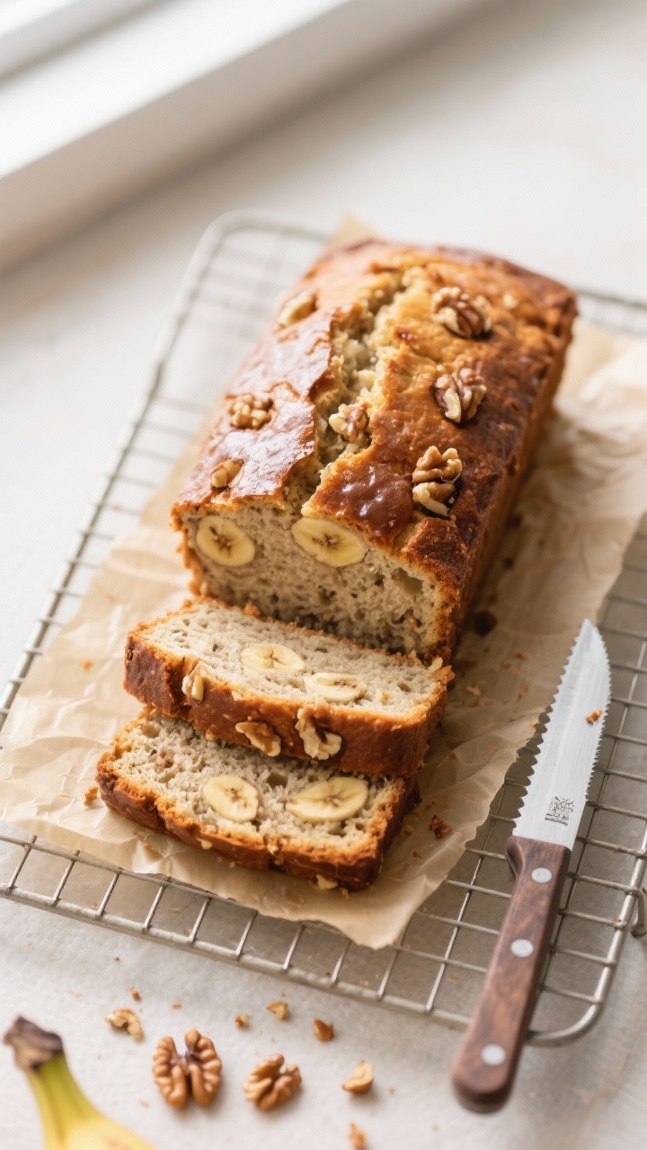 Overhead tasty top view: Simple banana bread loaf sliced on a cooling rack lined with parchment, eve