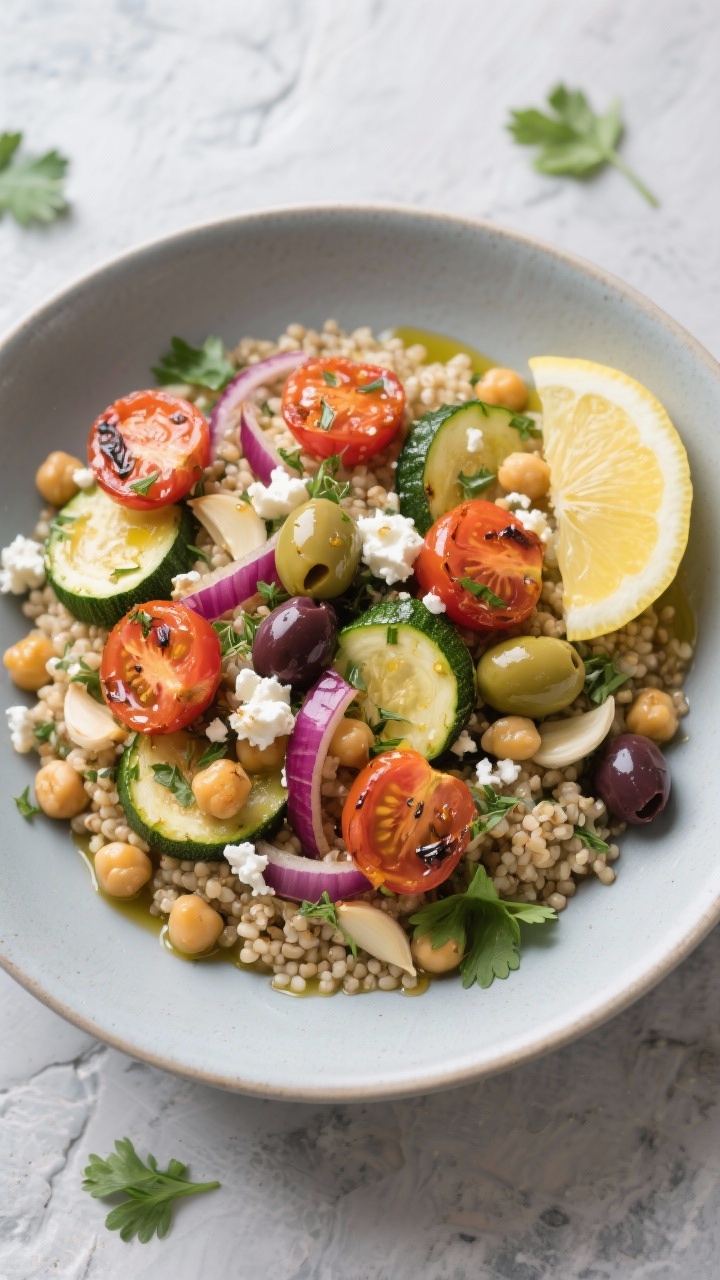 Overhead top view, variation focus: Mediterranean Chickpea Bowl presented from above—quinoa base t