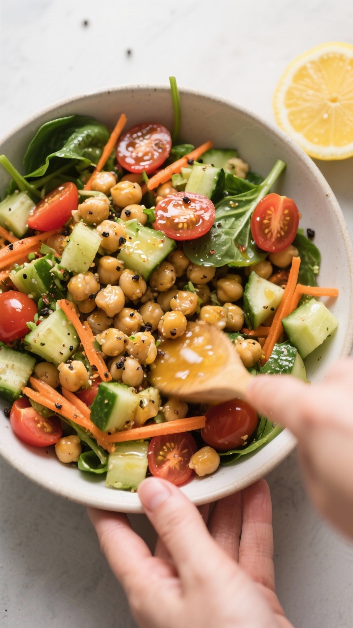 Process shot of chickpea chopped salad being finished in a bowl: glistening seasoned chickpeas mingl