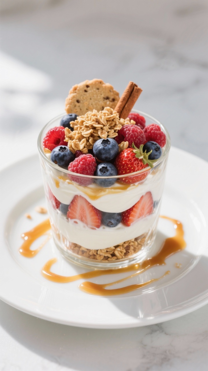 Tasty top view final dish: Overhead shot of a Cheater’s Berry Parfait layered in a clear glass—t