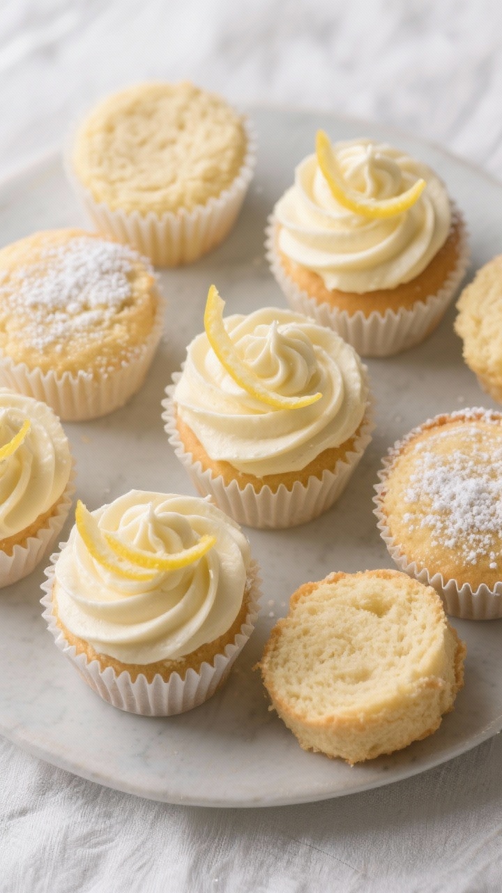 Tasty top-view final presentation: Overhead shot of easy vanilla cupcakes with pale-golden tops, fro