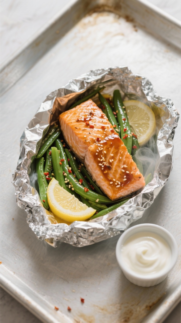 Tasty top view, foil packet salmon: Overhead shot of an opened foil packet revealing soy-honey glaze