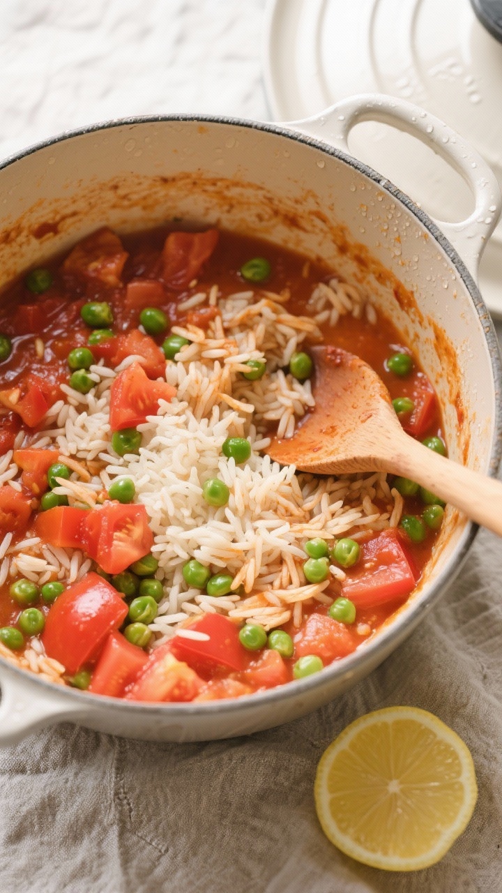 Tasty top view, mid-cook stage: Overhead shot of the one-pot mixture after simmering—long-grain wh