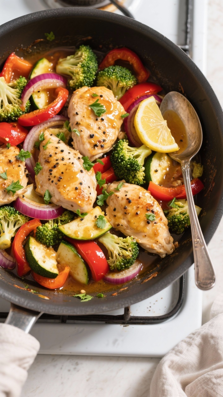 Tasty top view – One-pan chicken and veggies with pan sauce: Overhead shot of the finished chicken