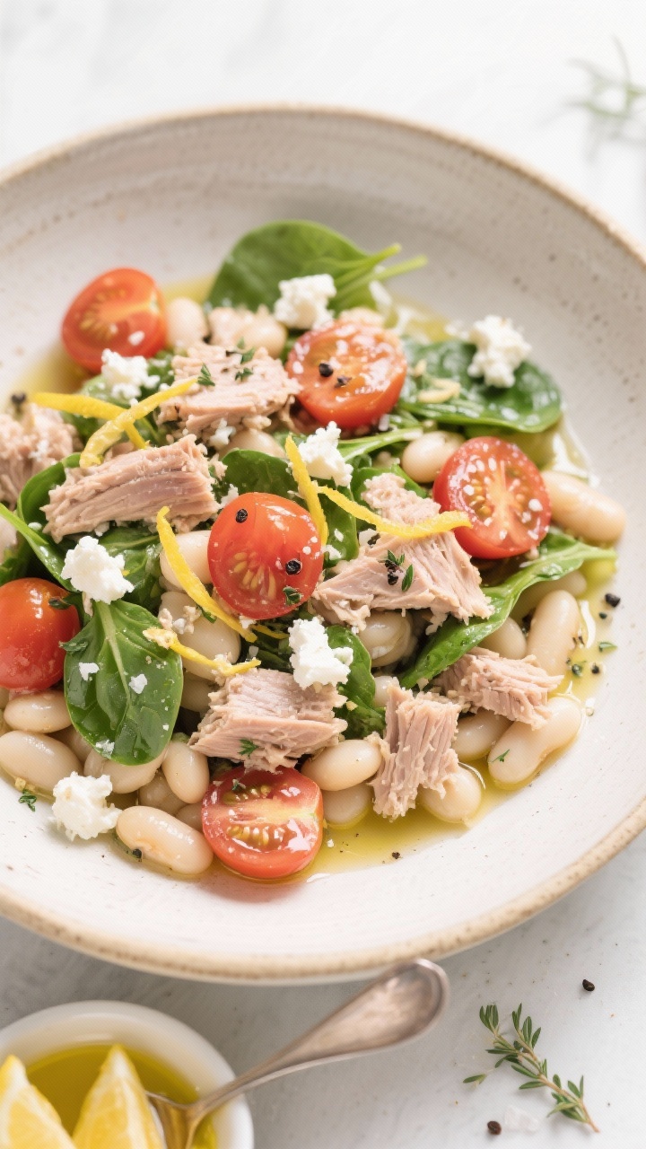 Tasty top view, overhead bowl: 5-minute tuna bean salad arranged in a wide, shallow ceramic bowl—c