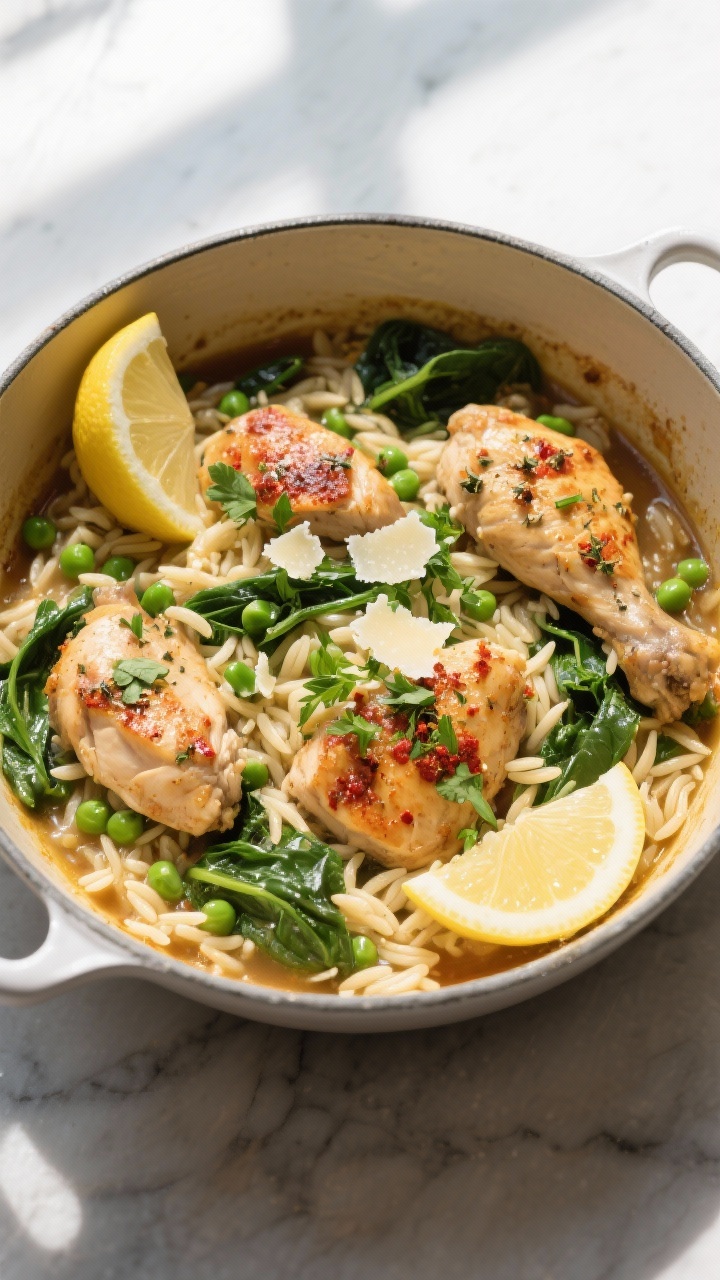 Tasty top view, overhead: One-pot lemon-herb chicken and orzo finished in the pot—tender orzo swol