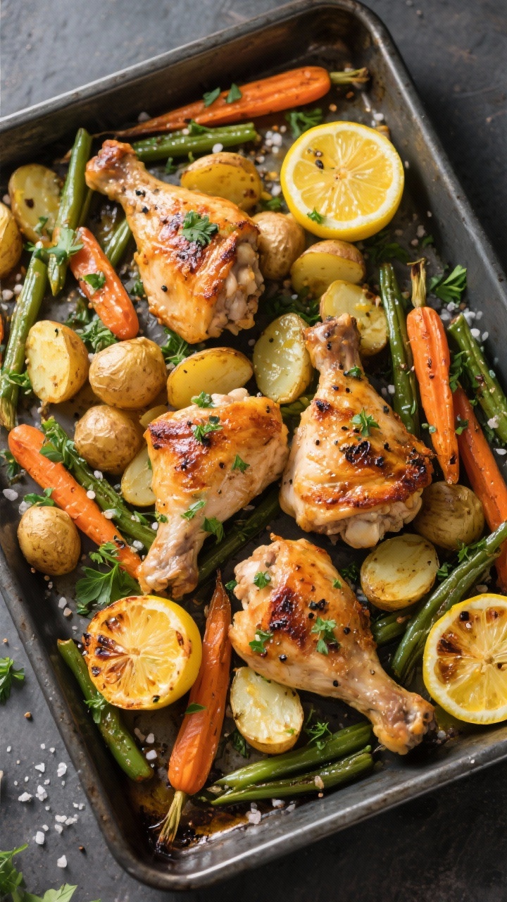 Tasty top view, overhead: Overhead shot of Lemon Herb Chicken and Veggies: roasted chicken thighs ne