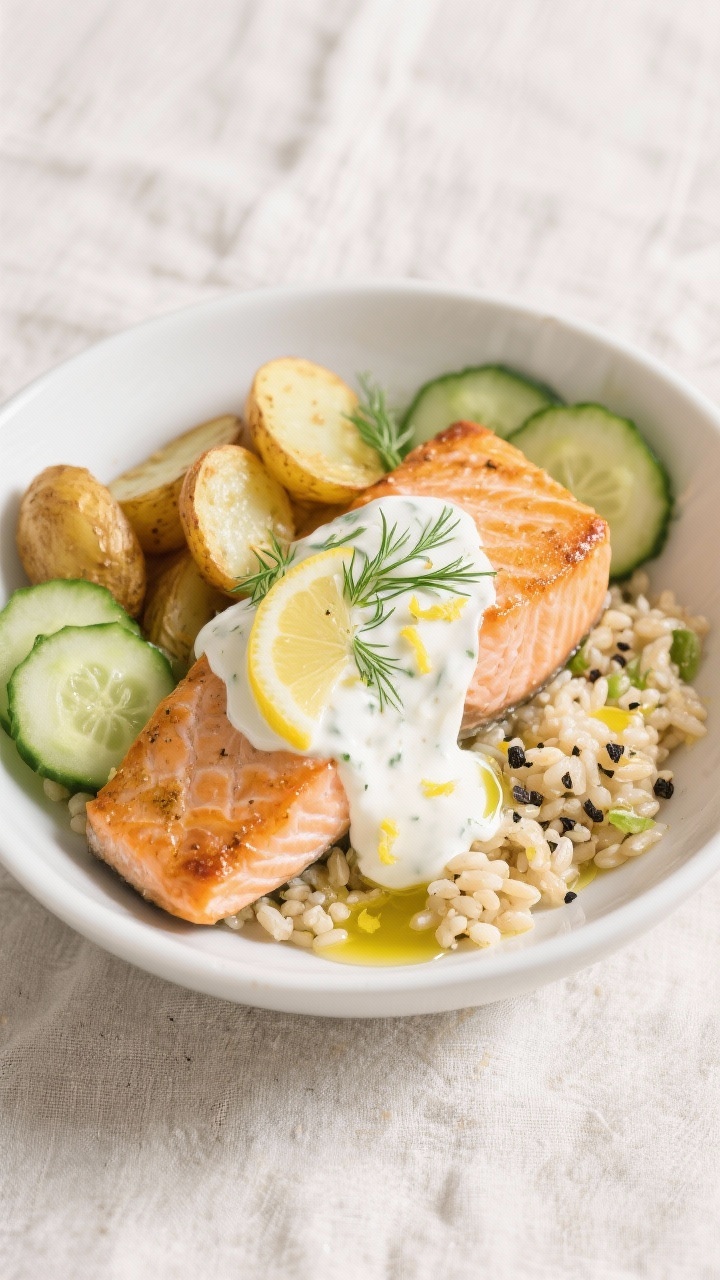 Tasty top view, overhead shot: Grain bowl with roasted salmon fillet draped in creamy lemon dill yog