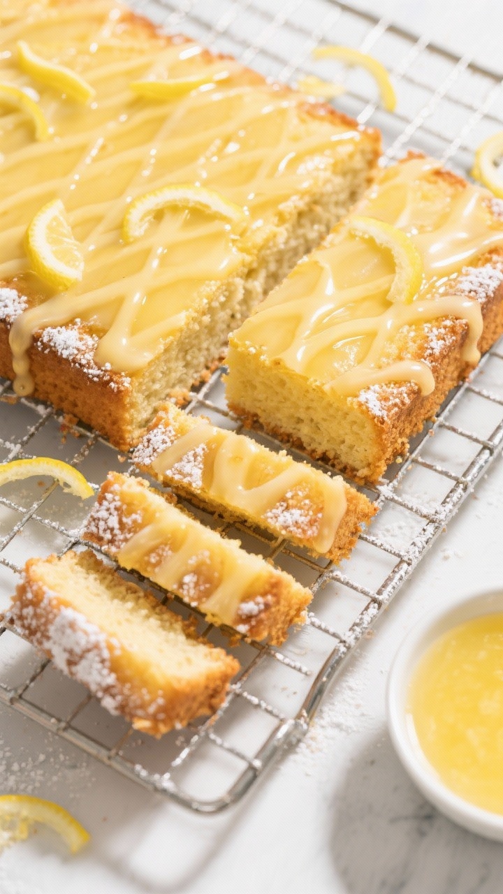 Tasty top view: Overhead shot of a lemon snack cake still on a wire cooling rack, glossy lemon glaze