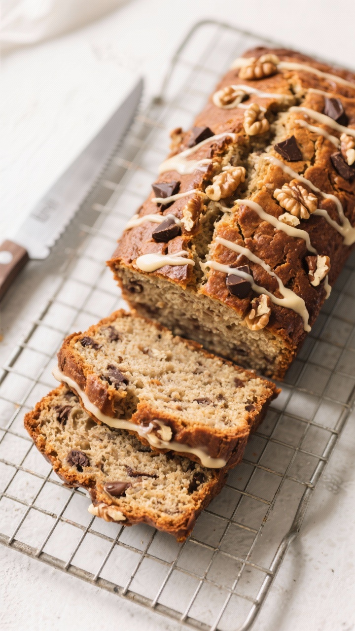 Tasty top view: Overhead shot of freshly baked banana bread loaf on a wire rack, deeply caramelized 