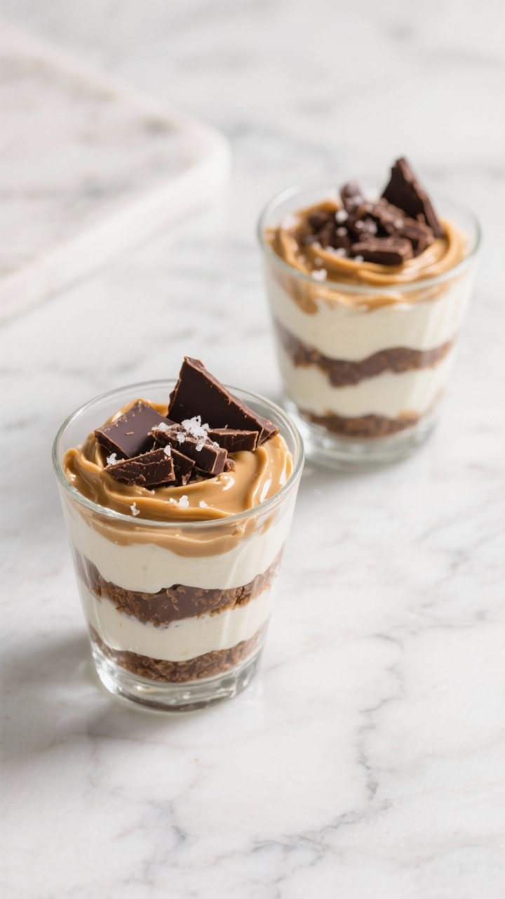 Tasty top view – Overhead shot of no-bake peanut butter cup parfaits in clear glass tumblers, neat