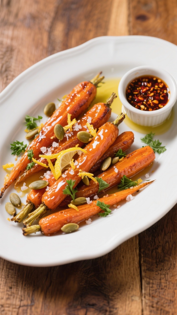 Tasty top view: Overhead shot of roasted carrots drizzled with spicy honey, finished with lemon zest