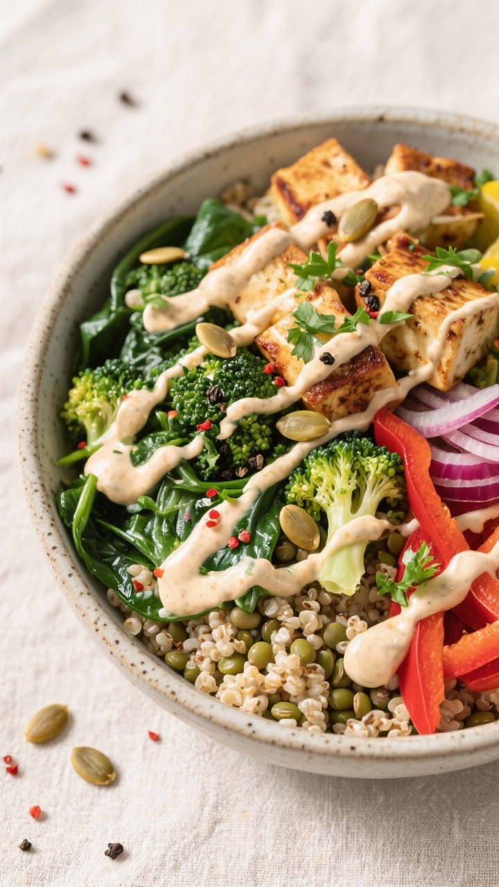 Tasty top view: Overhead shot of the assembled high-protein vegetarian bowl—fluffy quinoa base, te