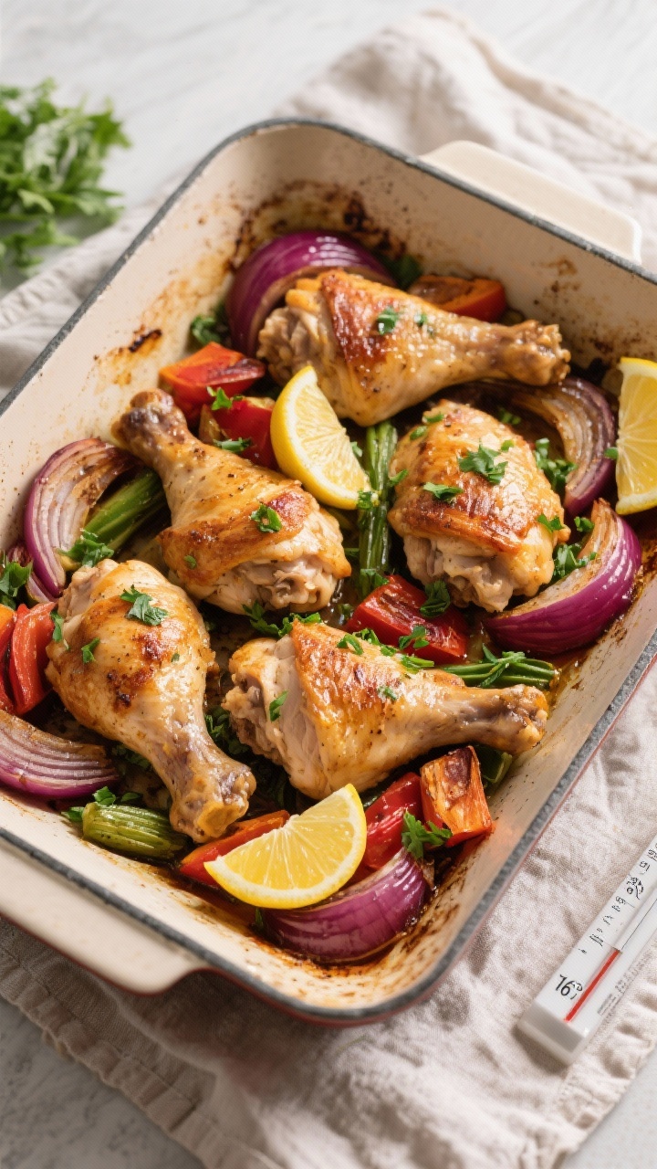 Tasty top view: Overhead shot of the finished one-pan chicken dinner straight from the oven—chicke
