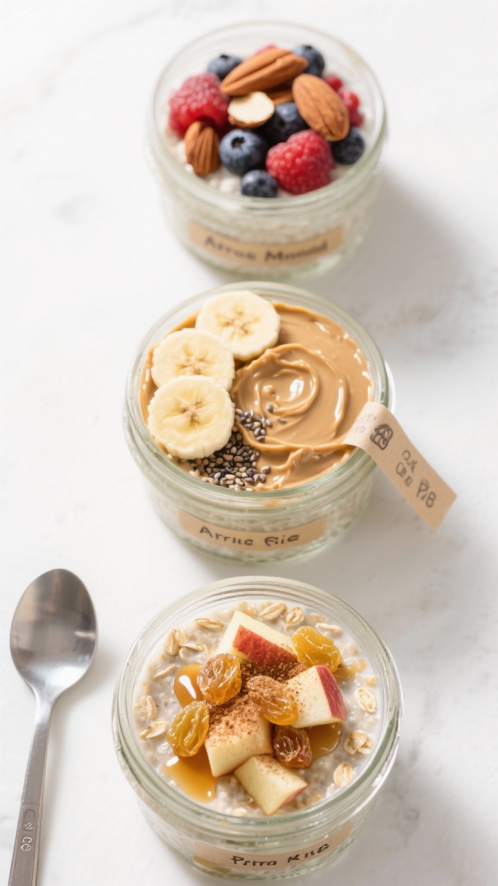 Tasty top view: Overhead shot of three overnight oats jars arranged diagonally, each labeled and gar