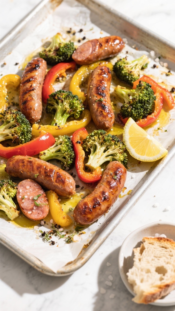 Tasty top view: Sheet-Pan Sausage and Veg fresh from the oven—overhead shot of caramelized sliced 