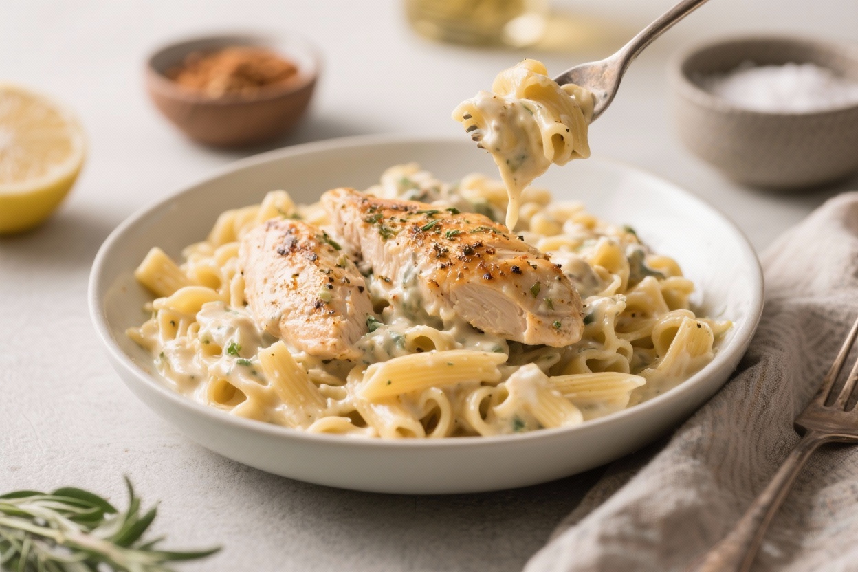 Lazy comfort meals at home - This recipe brings together creamy pasta, seasoned chicken, and a handful of pantry staples for a co