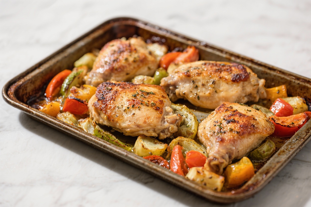 One pan chicken tray bake - The chicken turns juicy with crisped edges, and the vegetables soak up the seasoning and chicken jui
